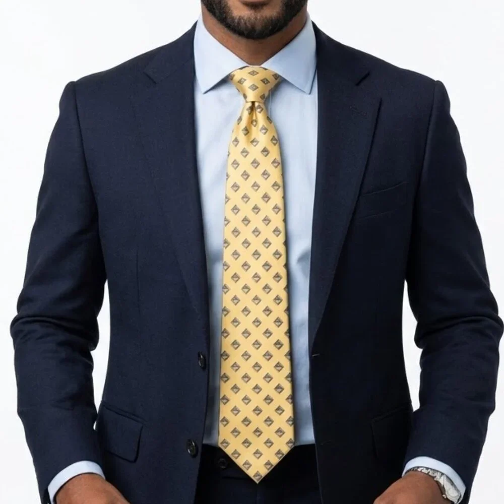NAUTICA Vintage 90s Geometric Diamond Silk Tie Gold Navy Preppy Academia